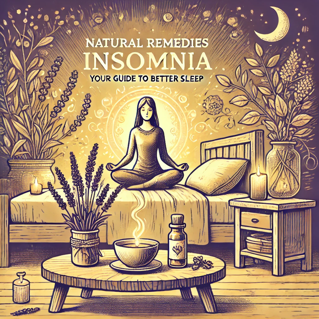 A cozy and artistic bedroom scene featuring a meditating figure on a bed surrounded by natural remedies for insomnia, including lavender plants, herbal tea, candles, and essential oils, with warm yellow lighting.