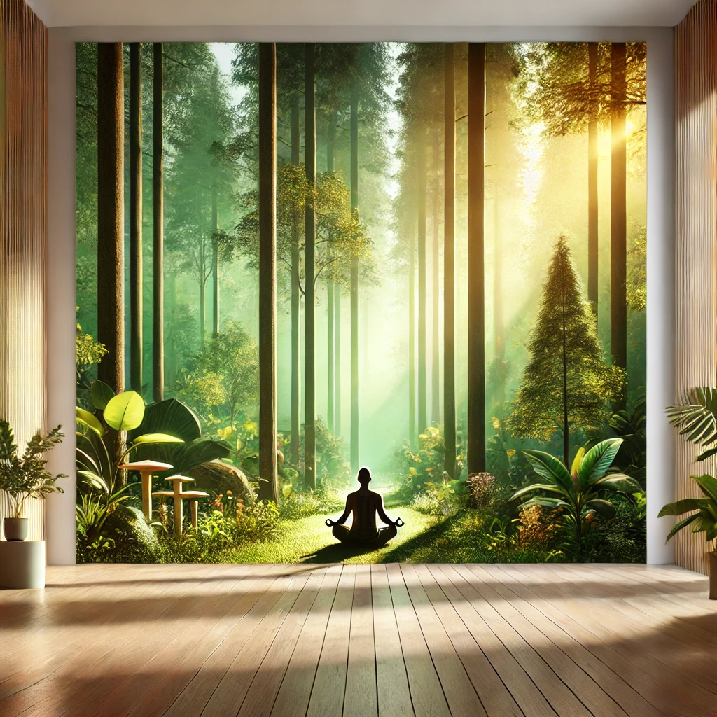 A serene scene of a person meditating cross-legged in a peaceful forest with sunlight filtering through the trees.