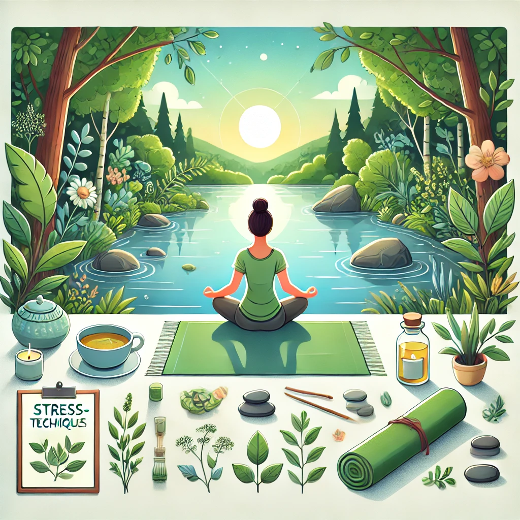 A calming cartoon-style illustration of a person meditating by a tranquil lake, surrounded by greenery, herbal tea, and candles under soft sunlight.