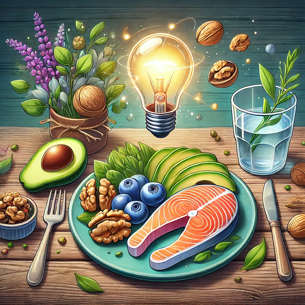 A cartoon-style illustration of a plate with brain-boosting foods like salmon, blueberries, walnuts, and avocado on a rustic wooden table, with a glowing light bulb icon in the background.