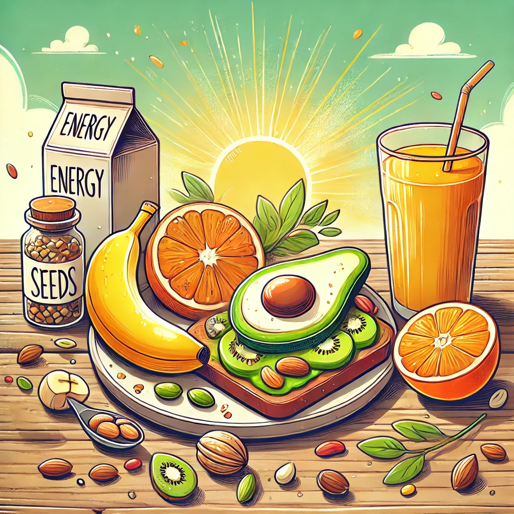 A cartoon-style illustration of a colorful plate with energy-boosting foods like bananas, nuts, seeds, and avocado toast, accompanied by a glass of orange juice on a rustic wooden table.