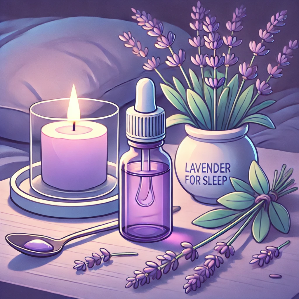 DALL·E-2024-12-27-16.22.00-A-calming-cartoon-style-illustration-for-Lavender-Oil-for-Sleep.-The-image-features-a-small-lavender-oil-bottle-placed-on-a-bedside-table-alongside- Best Essential Oils for Sleep: Relax and Rest Naturally