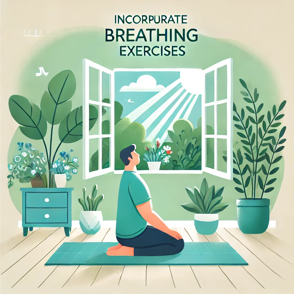 DALL·E-2024-12-27-19.24.33-A-refreshing-cartoon-style-illustration-for-Incorporate-Breathing-Exercises.-The-image-features-a-person-sitting-on-a-yoga-mat-in-a-room-with-plants Reduce Stress Naturally: 5 Proven Methods for a Calmer Life