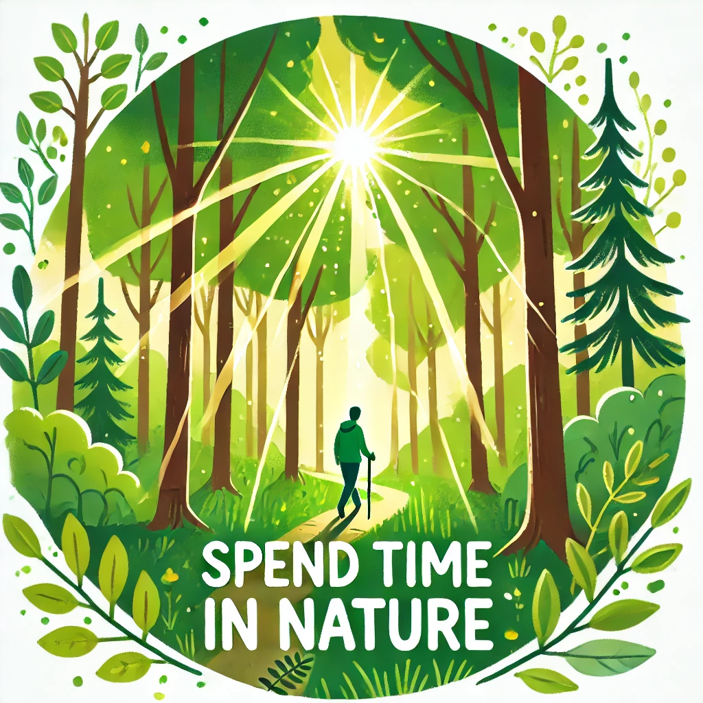 DALL·E-2024-12-27-19.24.39-A-vibrant-cartoon-style-illustration-for-Spend-Time-in-Nature.-The-image-features-a-person-walking-along-a-forest-trail-surrounded-by-lush-green-tre Reduce Stress Naturally: 5 Proven Methods for a Calmer Life