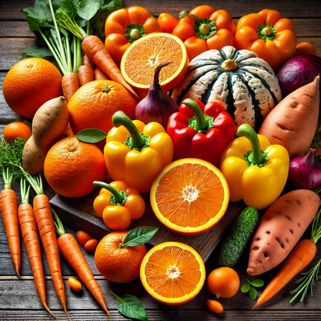 A vibrant array of orange fruits and vegetables is displayed on a rustic wooden table. This assortment includes oranges, sweet potatoes, carrots, bell peppers, and pumpkins, along with some leafy greens. These colorful foods are rich in vitamins A and C, beta-carotene, potassium, and fiber, offering numerous health benefits such as improved immunity, enhanced eye health, and glowing skin.