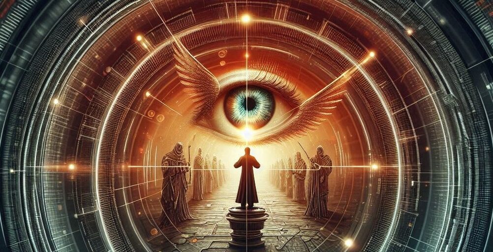 An abstract visual featuring a glowing eye with wings, symbolizing clarity, focus, and mental awakening, surrounded by futuristic elements and robed figures.