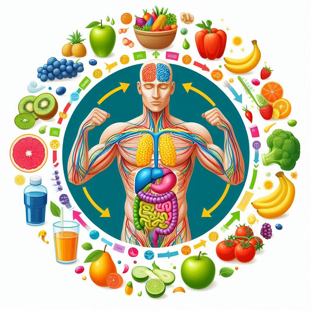 A human body diagram surrounded by fresh fruits, vegetables, and health symbols, representing metabolism's role in weight loss.