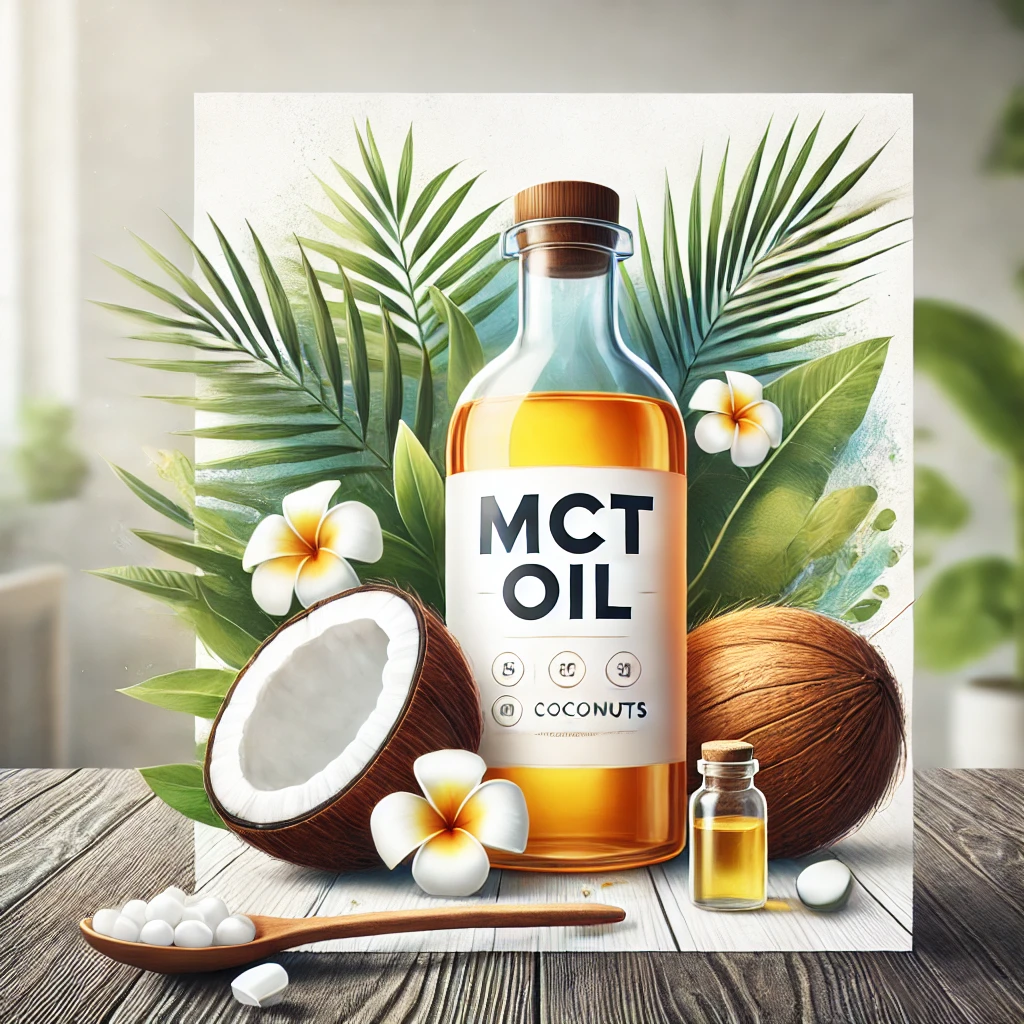 A clean and vibrant illustration of a glass bottle of MCT oil surrounded by fresh coconuts on a rustic wooden table, with soft natural lighting in a modern kitchen setting.