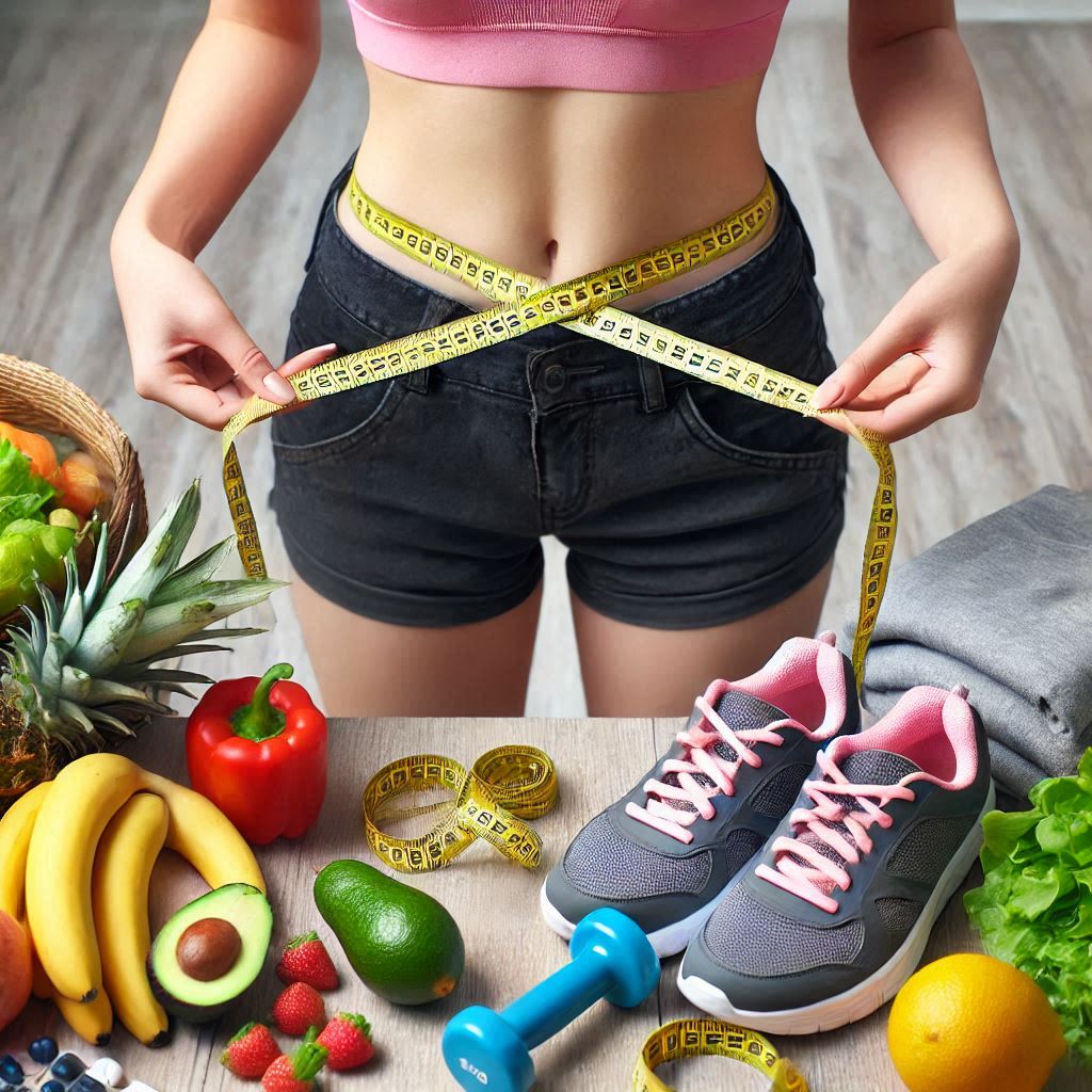 Healthy lifestyle essentials: a measuring tape around the waist, fresh fruits, vegetables, sneakers, and dumbbells on a wooden table.