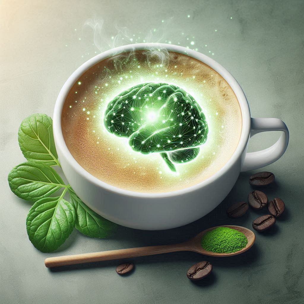 Create an image showcasing a cup of coffee paired with green tea leaves, symbolizing the combination of caffeine and L-Theanine. Include a glowing brain icon to represent enhanced focus and productivity, set against a clean and calming background.