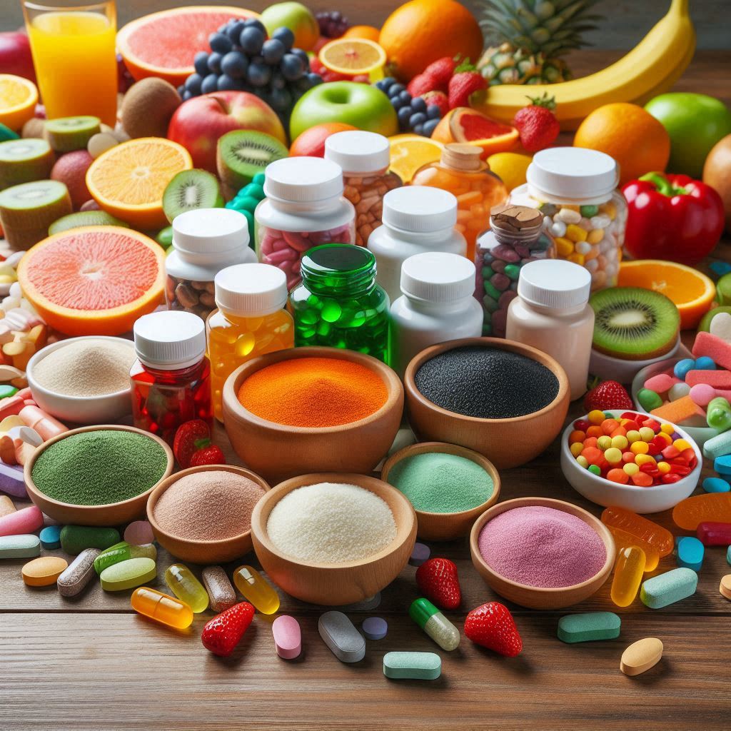 Various fiber supplements and fresh fruits on a wooden table, illustrating healthy weight management options.