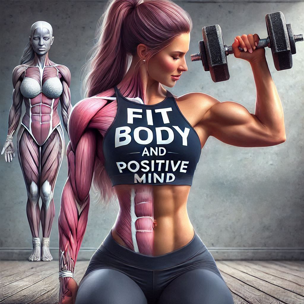 Fit woman lifting a dumbbell, showcasing muscle anatomy and wearing a tank top with the text 'Fit Body and Positive Mind'.