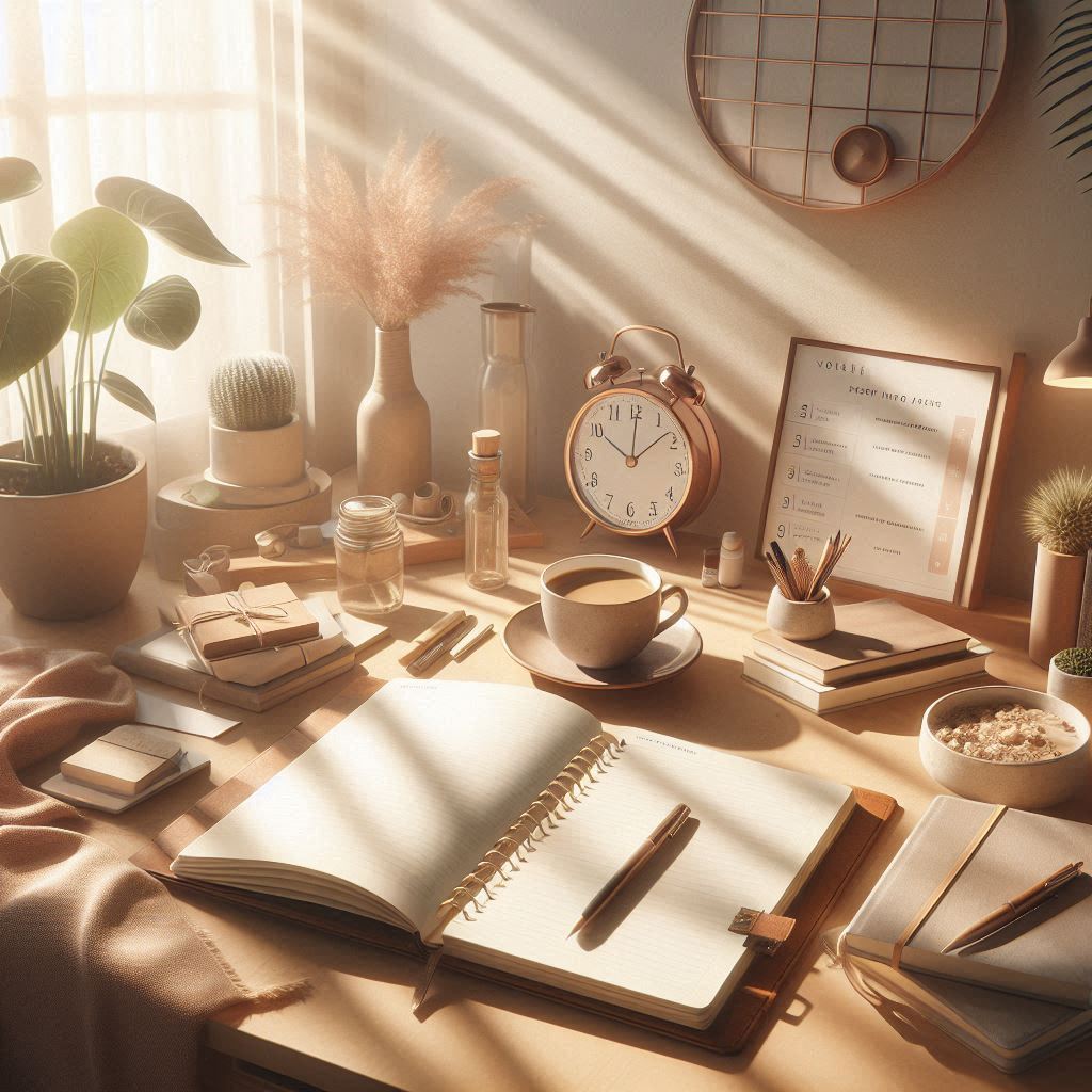 Cozy morning desk setup with a journal, coffee cup, clock, and natural sunlight streaming in, promoting productivity.