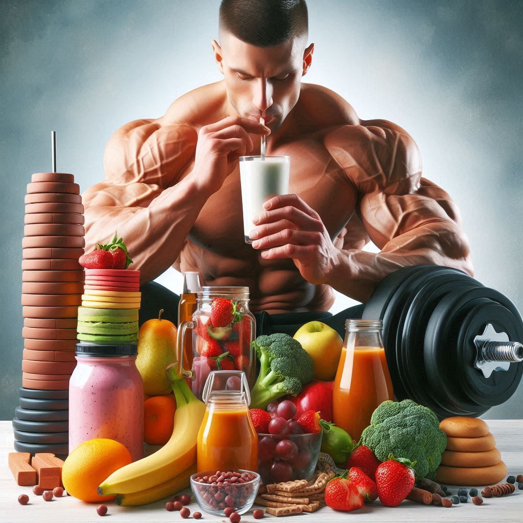 Muscular man drinking a protein shake surrounded by high-protein foods like fruits, vegetables, and lean meats, showcasing a balanced high-protein diet for weight loss and strength building.