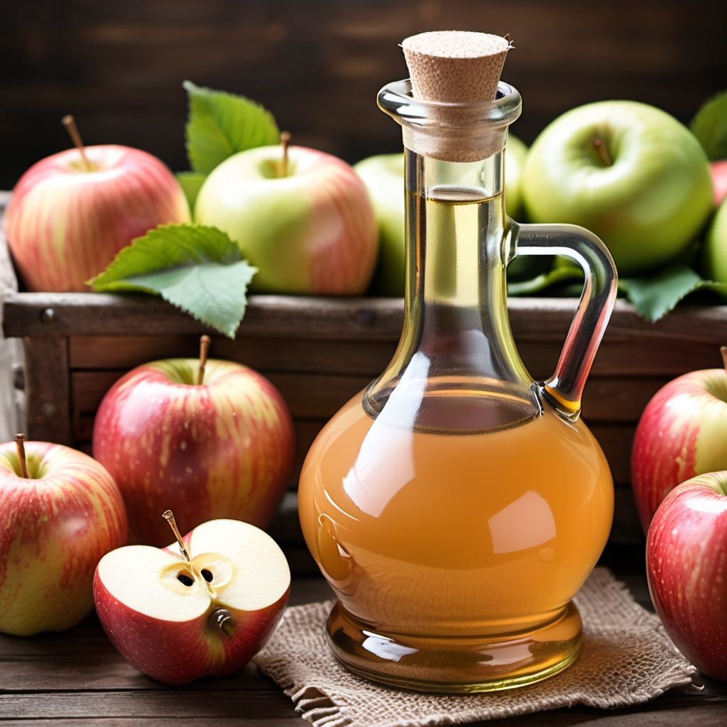 A glass bottle of apple cider vinegar surrounded by fresh apples, including a sliced one, set on a rustic wooden table.