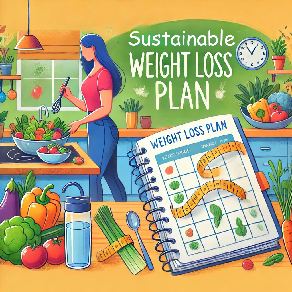 A vibrant cartoon-style illustration of a person preparing a healthy meal with fresh vegetables in a modern kitchen, accompanied by a planner and motivational elements like a water bottle and fruit bowl.